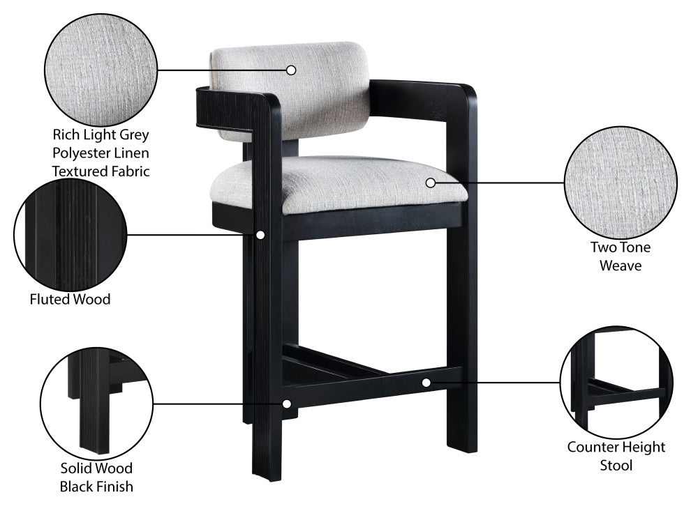 Sacha Upholstered Bar and Counter Stool, Grey, Linen Textured Fabric, Black