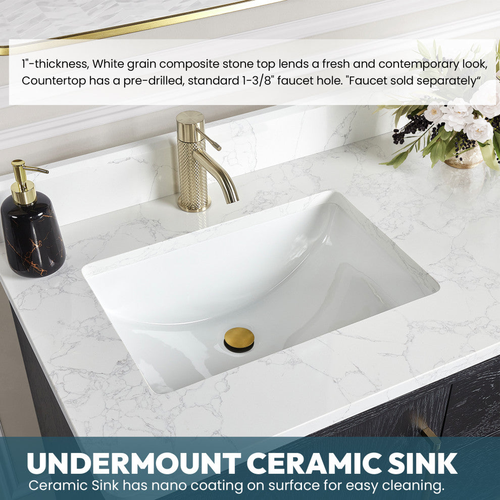 Gara Bath Vanity, Stone Top, Fir Wood Black, 72", Double Vanity, No Mirror
