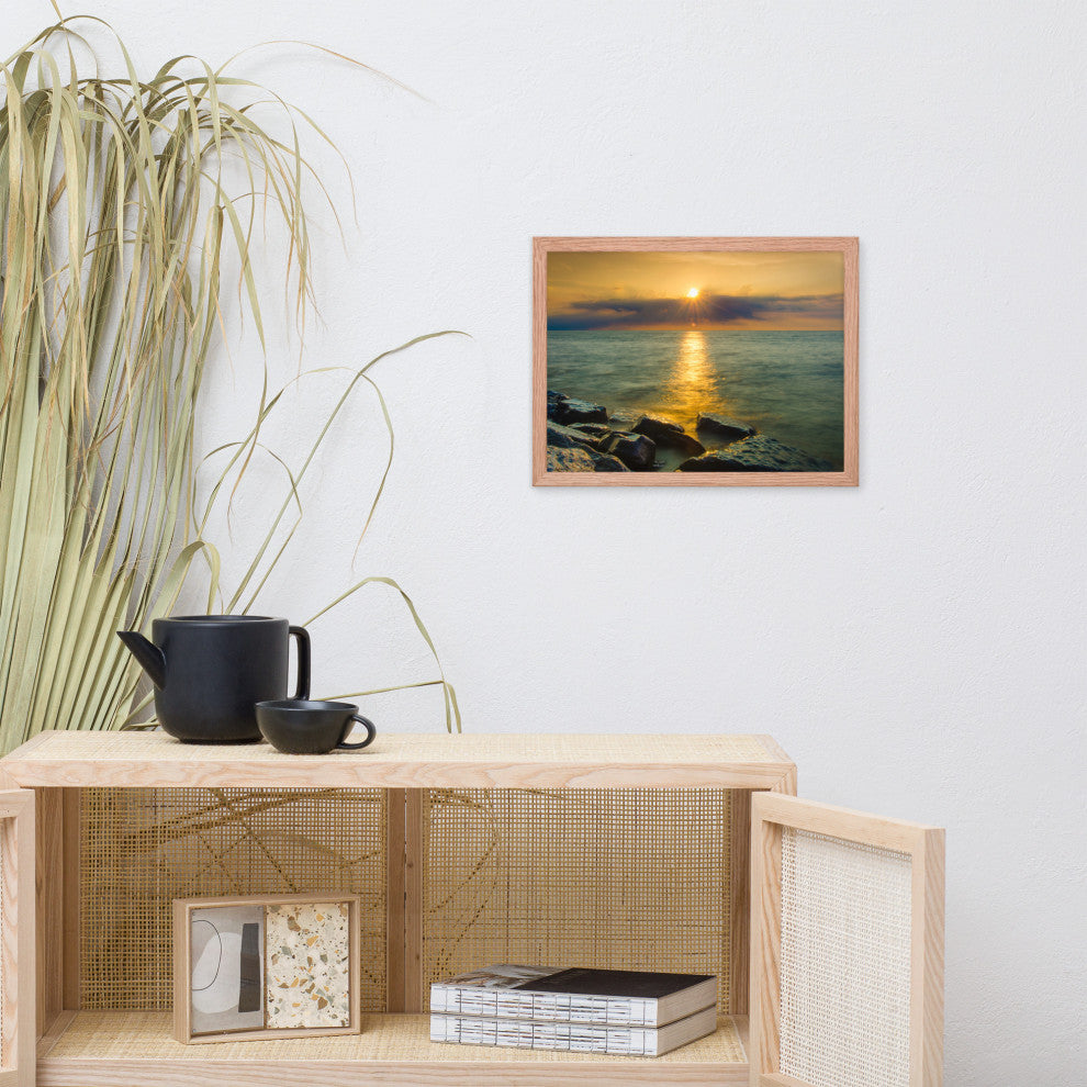 Sun Ray on the Water Coastal Landscape Framed Photo Paper Wall Art Print, White, 12" X 16"