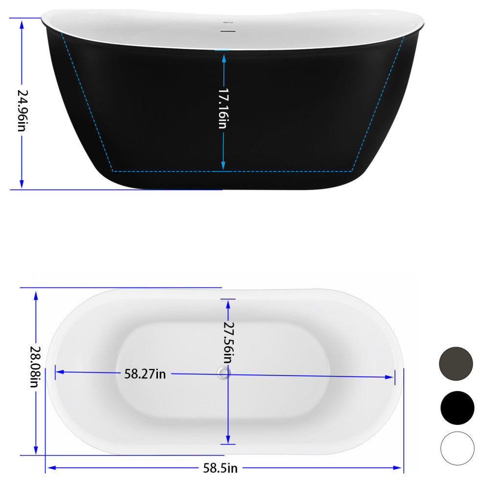 59" glossy Acrylic Flatbottom Oval Freestanding Non-Whirlpool Soaking Bath