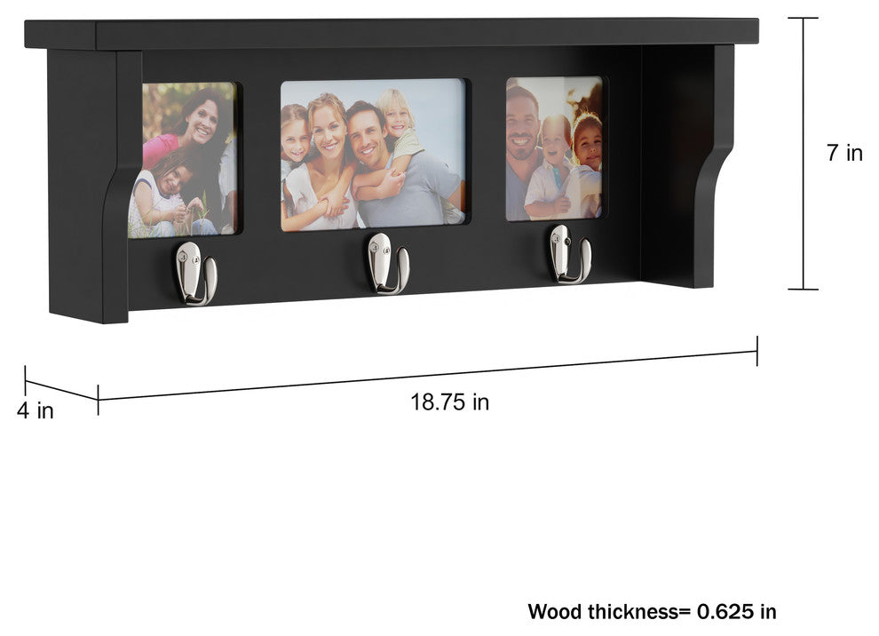 Lavish Home Black Wall Shelf And Photo Collage With 3 Hooks