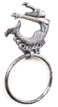 Rustic Silver Cast Iron Arching Mermaid Towel Holder 9"