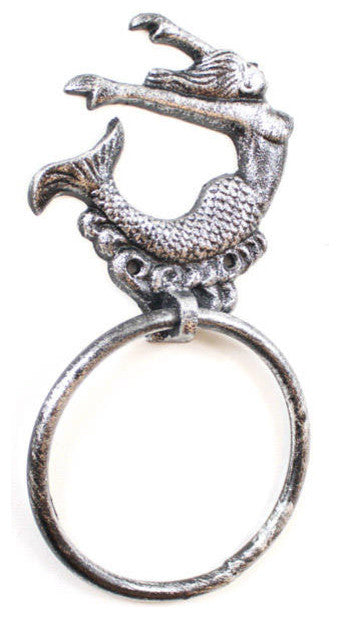 Rustic Silver Cast Iron Arching Mermaid Towel Holder 9"