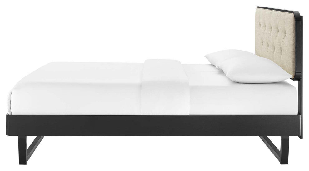 Platform Bed Frame, Queen Size, Fabric, Wood, Black Beige, Modern Mid-Century