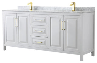 80" Double Bath Vanity, White, White Carrara Countertop, Sinks, Gold Trim
