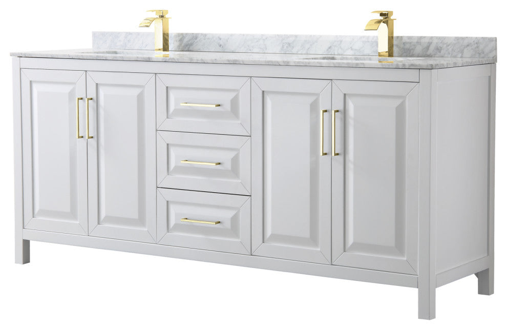 80" Double Bath Vanity, White, White Carrara Countertop, Sinks, Gold Trim