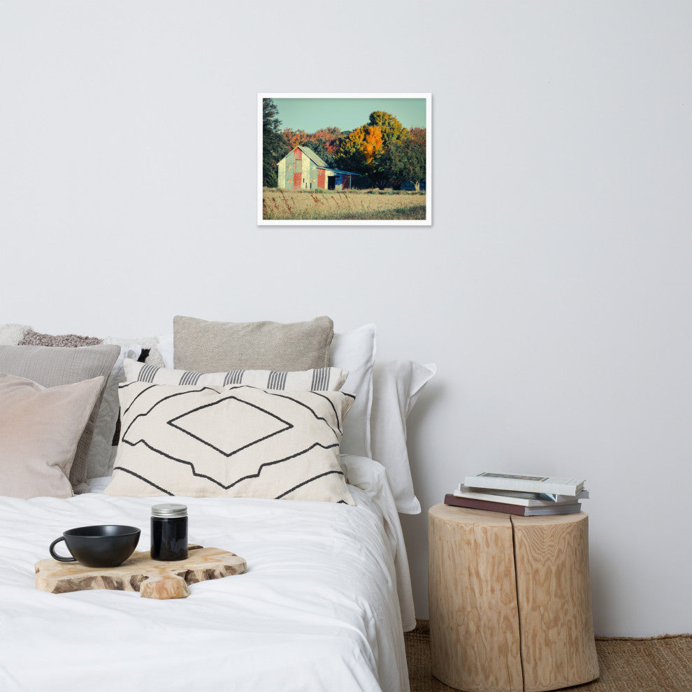 Patriotic Weathered Barn in Field Cross Processed Framed Photo Wall Art Prints, White, 18" X 24"