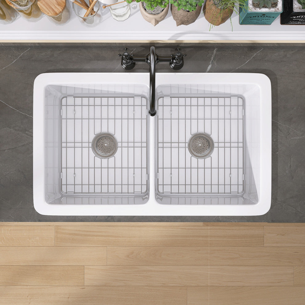 32"Lx19"W Drop-In Double Bowl Farmhouse Fireclay Kitchen Sink With Accessories