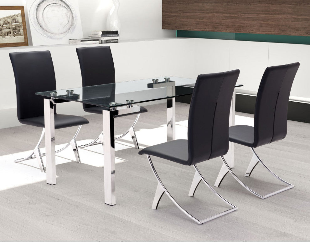 Dining Chair, Set of 2, Faux Vinyl Leather, Steel, Black, Chrome, Cafe Bistro