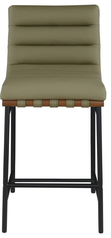 Burke Counter Stool, Green, Vegan Leather, Walnut Veneer Metal Dowel