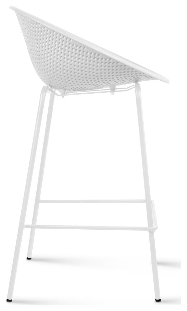 Set of 2 Modern Counter Stools with Perforated Low Back and Metal Frame, 25.5", White