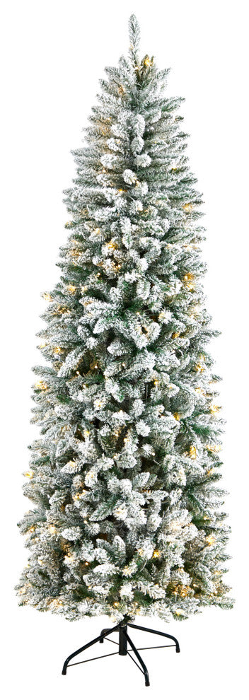 7' Slim Flocked Montreal Fir Artificial Christmas Tree, 300 Warm White LEDs