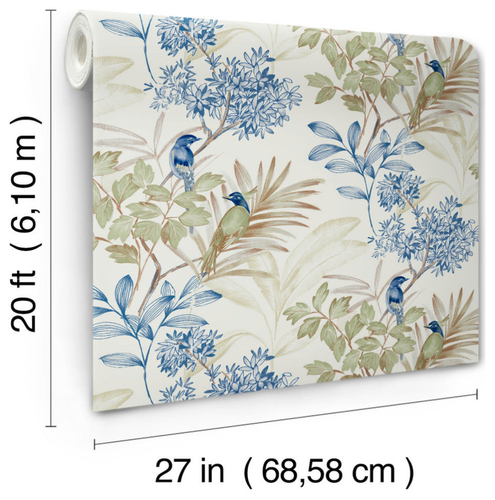 Green & Blue Handpainted Songbird Peel & Stick Wallpaper