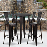 24" Round Black-Antique Gold Metal Indoor-Outdoor Bar Table Set, 4 Cafe Stools