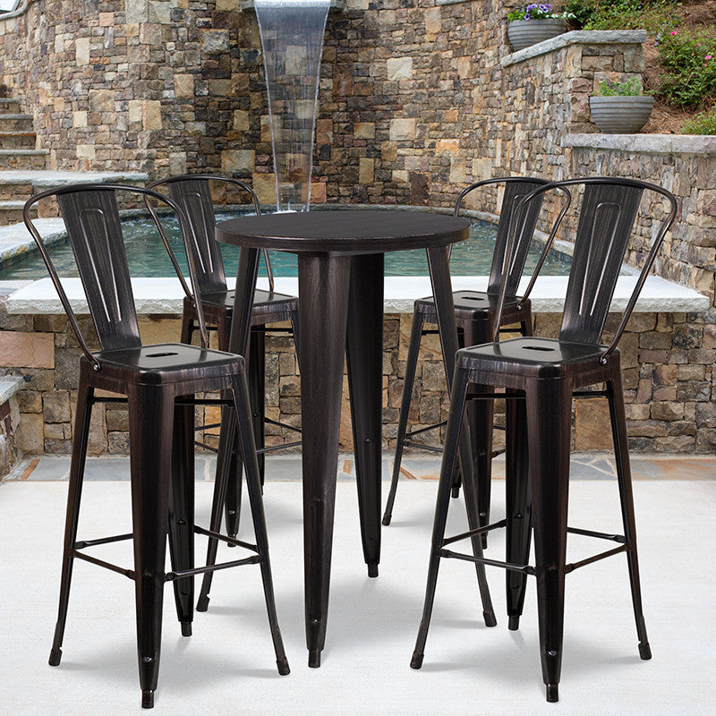 24" Round Black-Antique Gold Metal Indoor-Outdoor Bar Table Set, 4 Cafe Stools
