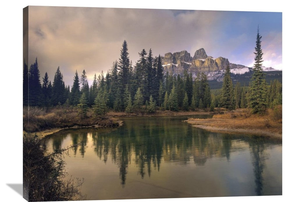 "Castle Mountain And Boreal Forest Reflected In Lake, Alberta, Canada" Artwork