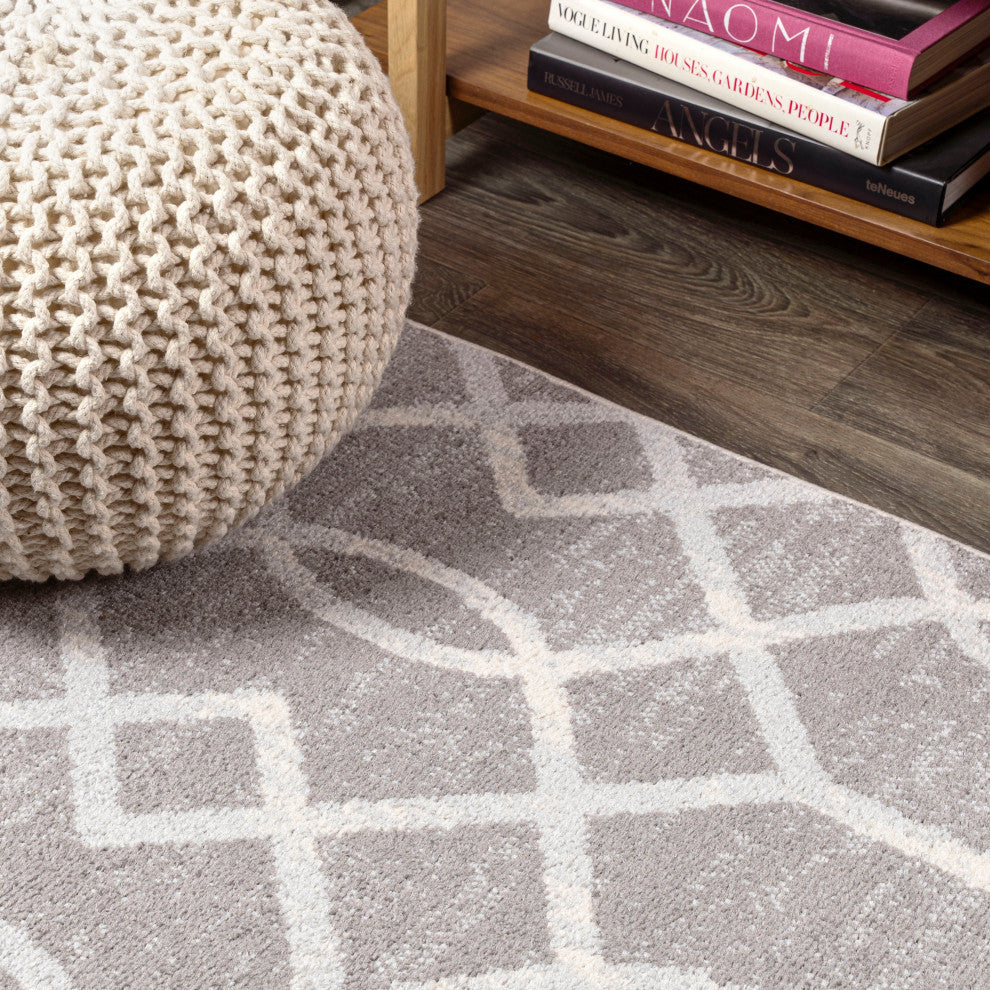 Asilah Ogee Fretwork Area Rug, Dark Gray/Cream, 8 X 10