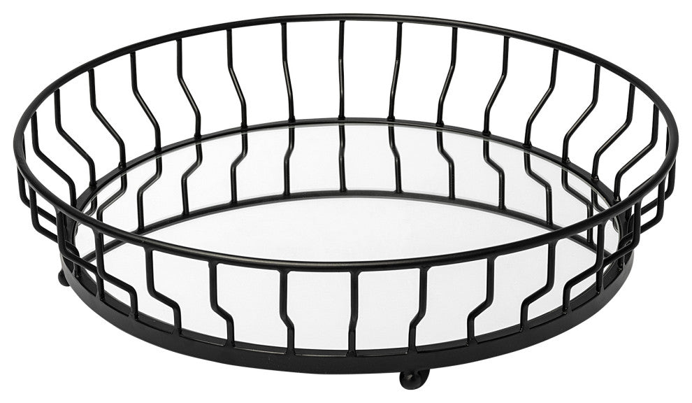 HomeRoots 20" Matte Black Wavy Metal With Mirrored Glass Bottom Round Tray