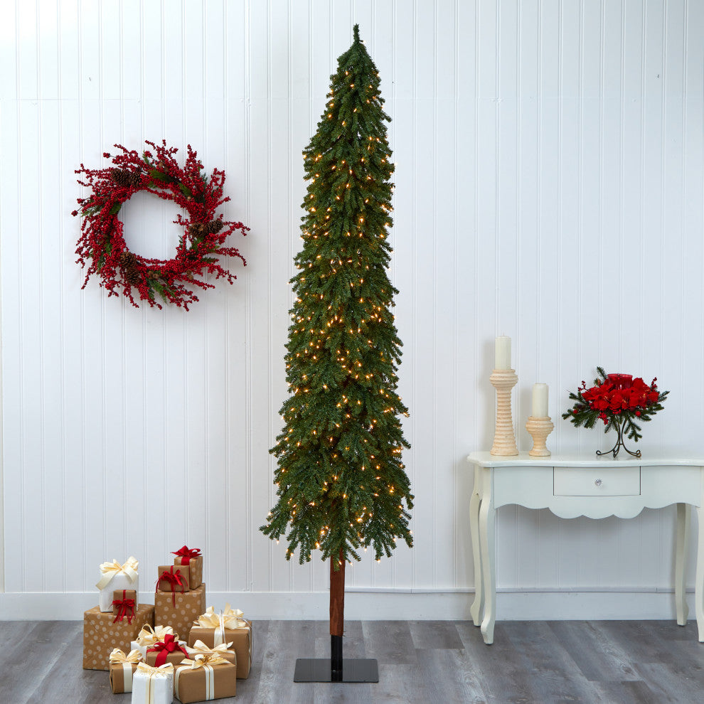 9' Grand Alpine Faux Xmas Tree W/600 Lights & Bendable Branches W/Natural Trunk