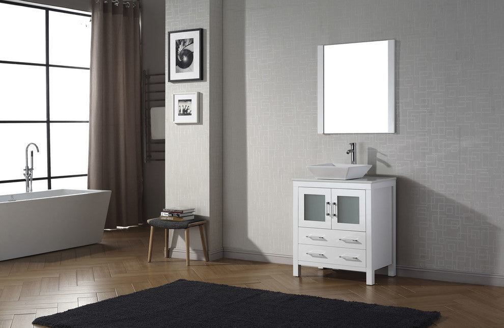 Virtu Dior 30" Single Bathroom Vanity, White With White Top, Faucet and Mirror