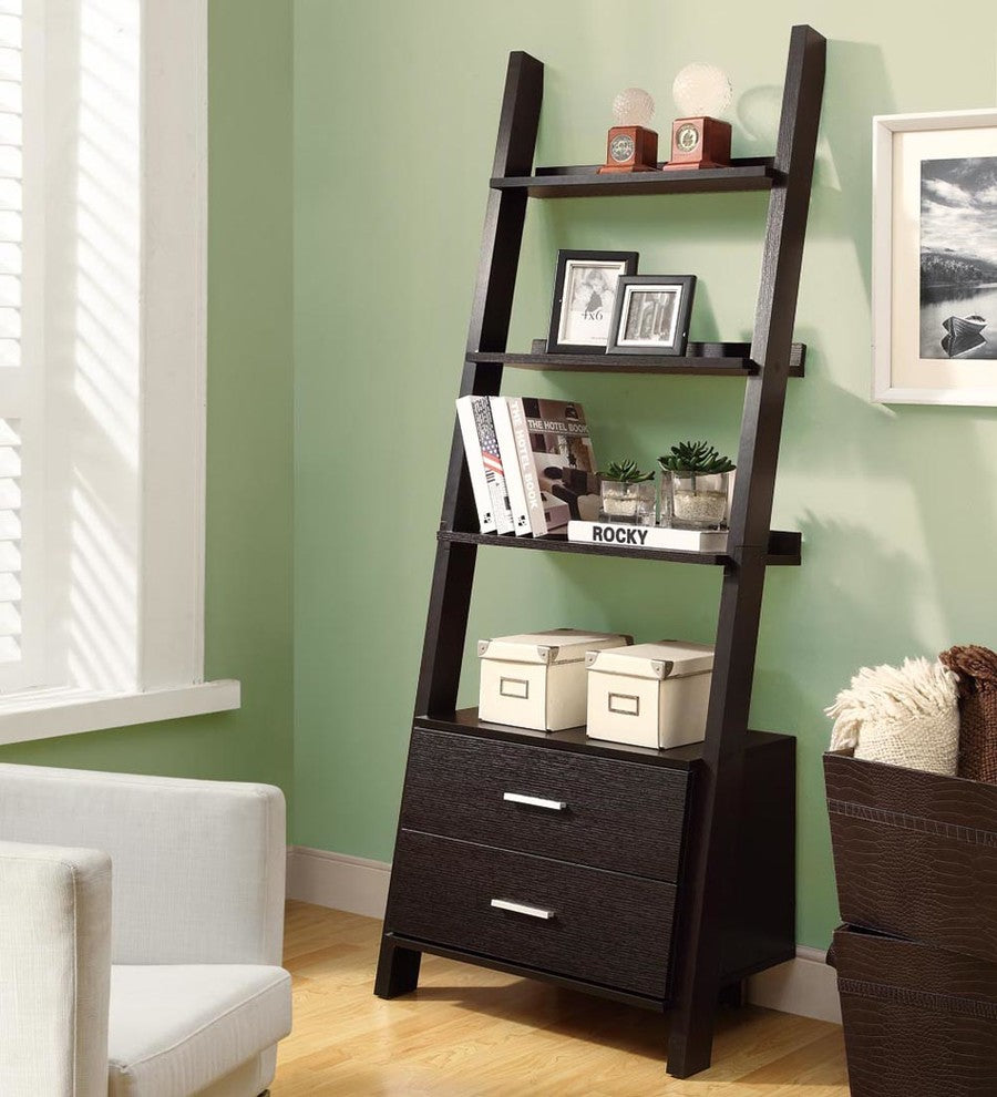 Bookcase - 69"H / Cappuccino Ladder W/ 2 Storage Drawers