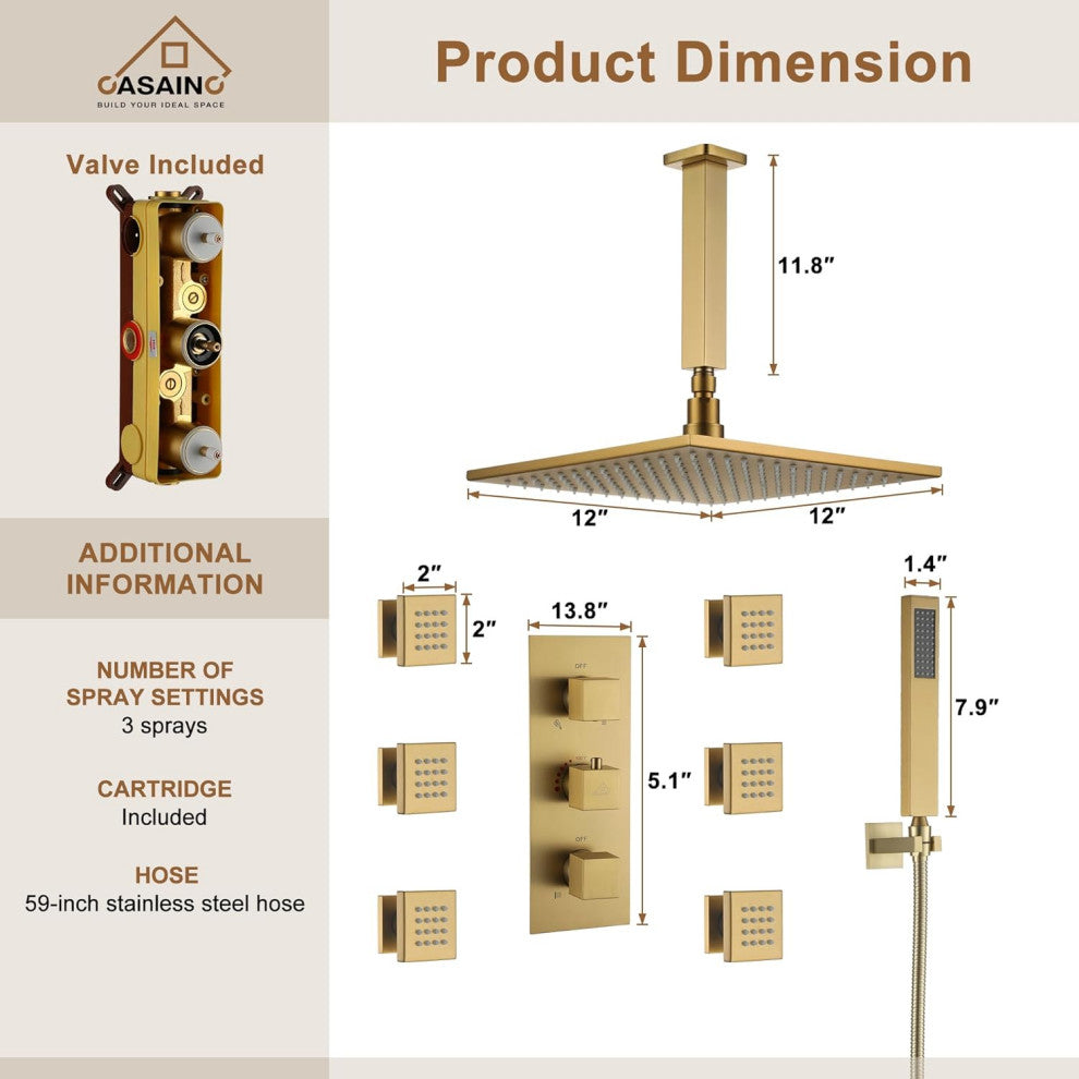 CASAINC 12" Ceiling Mounted Luxury LED Shower Head Handheld Spray, Brushed Gold
