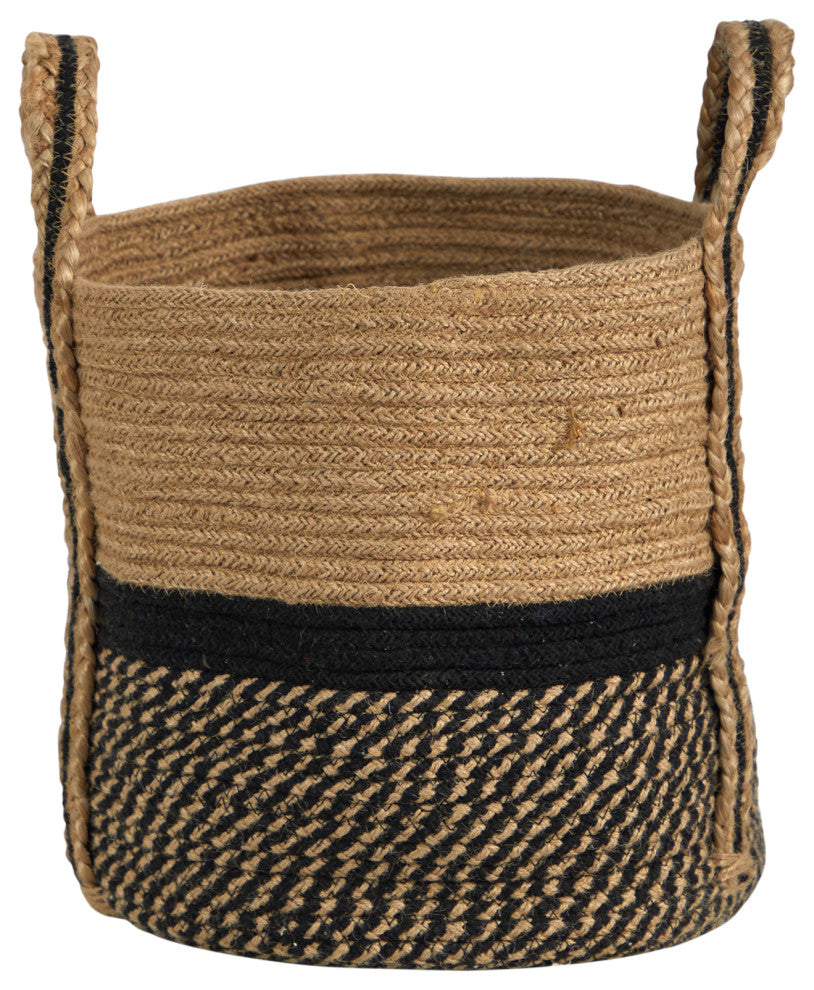 13" Boho Chic Basket Natural Jute Basket Planter, Black Bottom With Handles