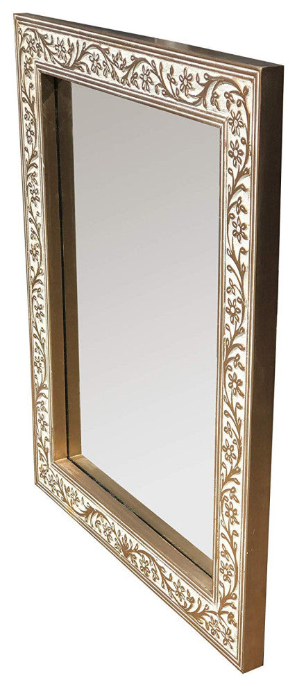 Mango Wood Rectangular Wall Mirror Vintage Carving, Rustic White, Gold Patina