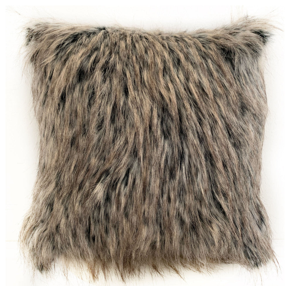 Plutus Gray Foxy Brown Gray Animal Faux Fur Luxury Throw Pillow, 20"x20"