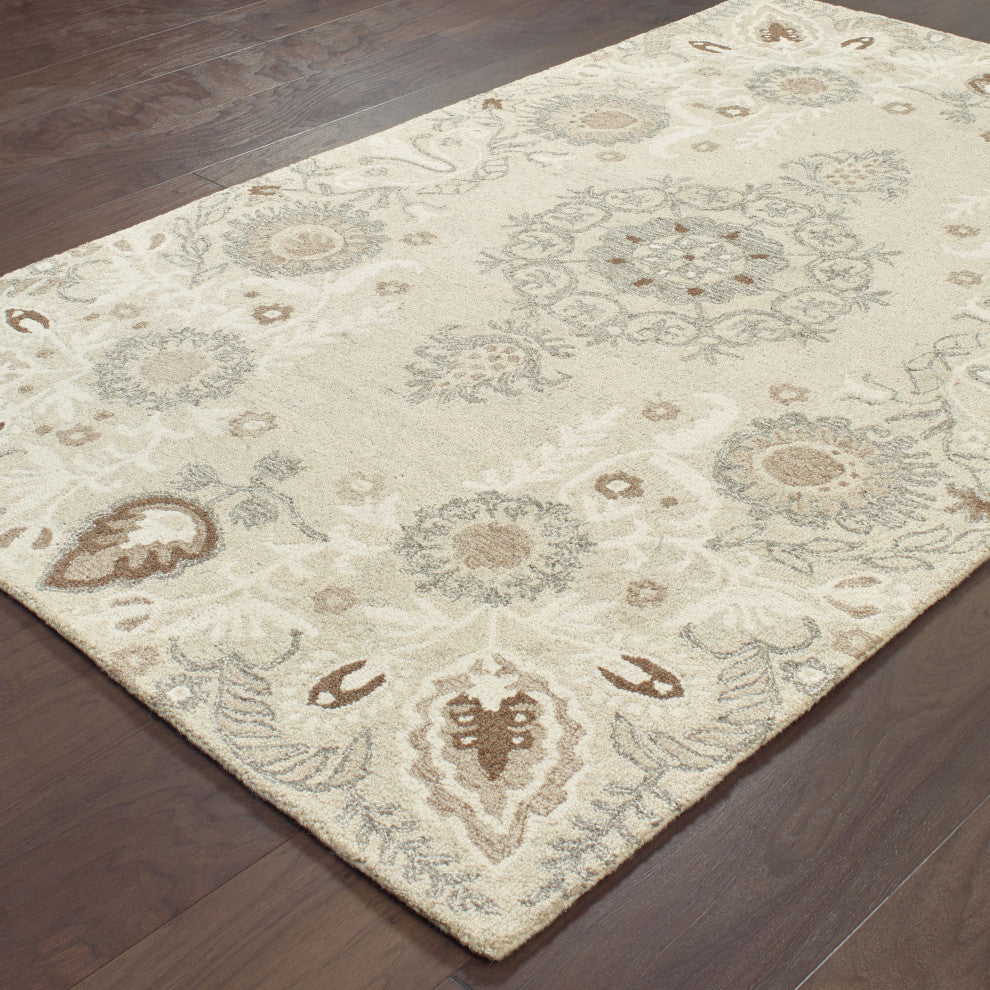 Cecilia Hand-tufted Wool Floral Medallions Sand/Ash Area Rug, 5'x8'