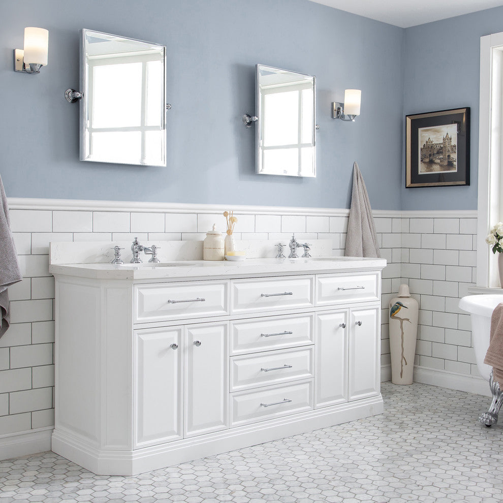72" Palace Quartz Carrara Pure White Vanity With Hardware, Faucets in Chrome