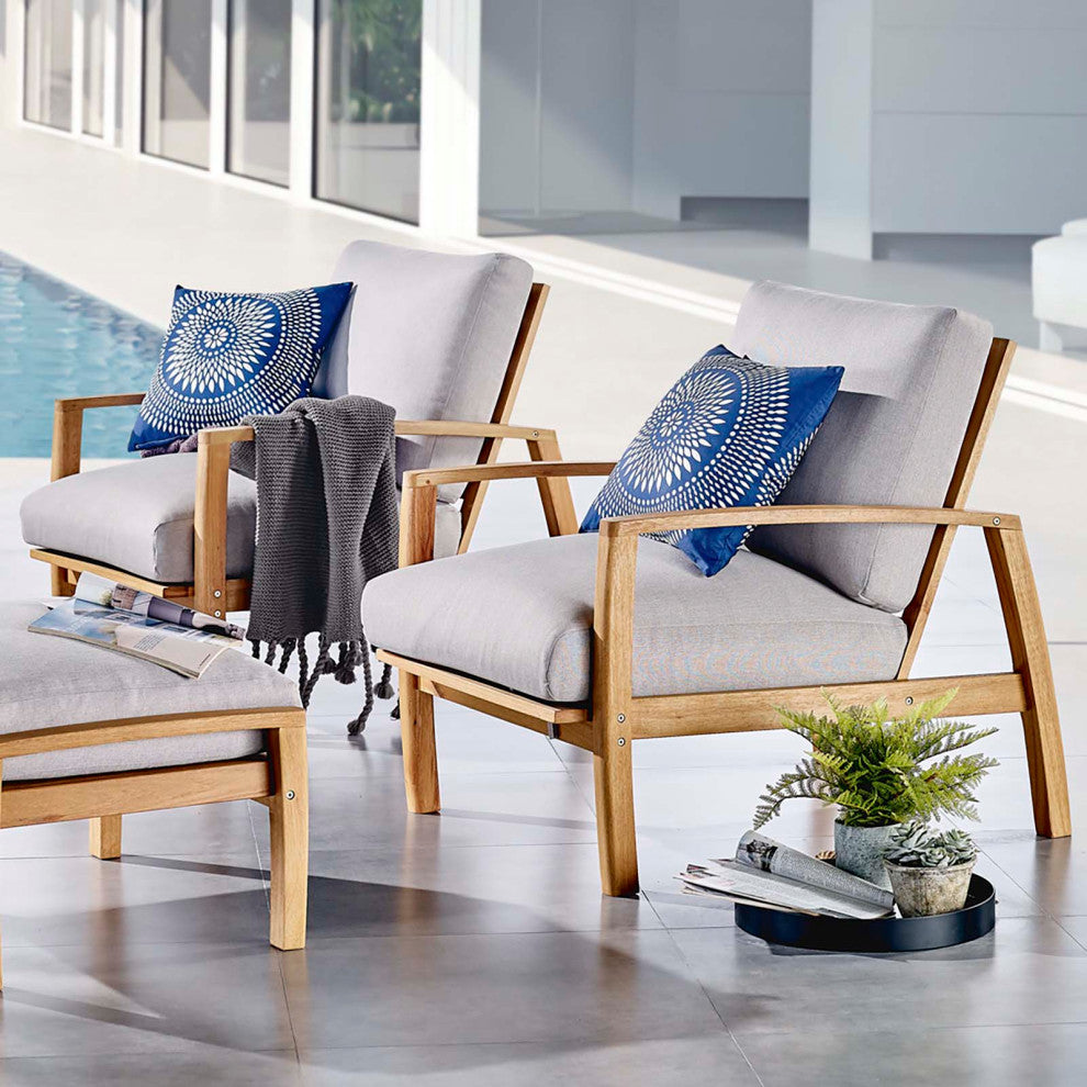 Lounge Chair Armchair, Set of 2, Wood, Brown Natural Gray, Modern, Outdoor
