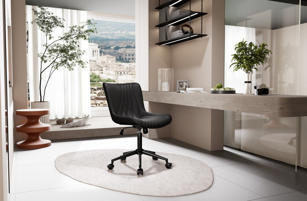 Younike Armless Upholstered Faux Leather Rolling Office Chair, Black