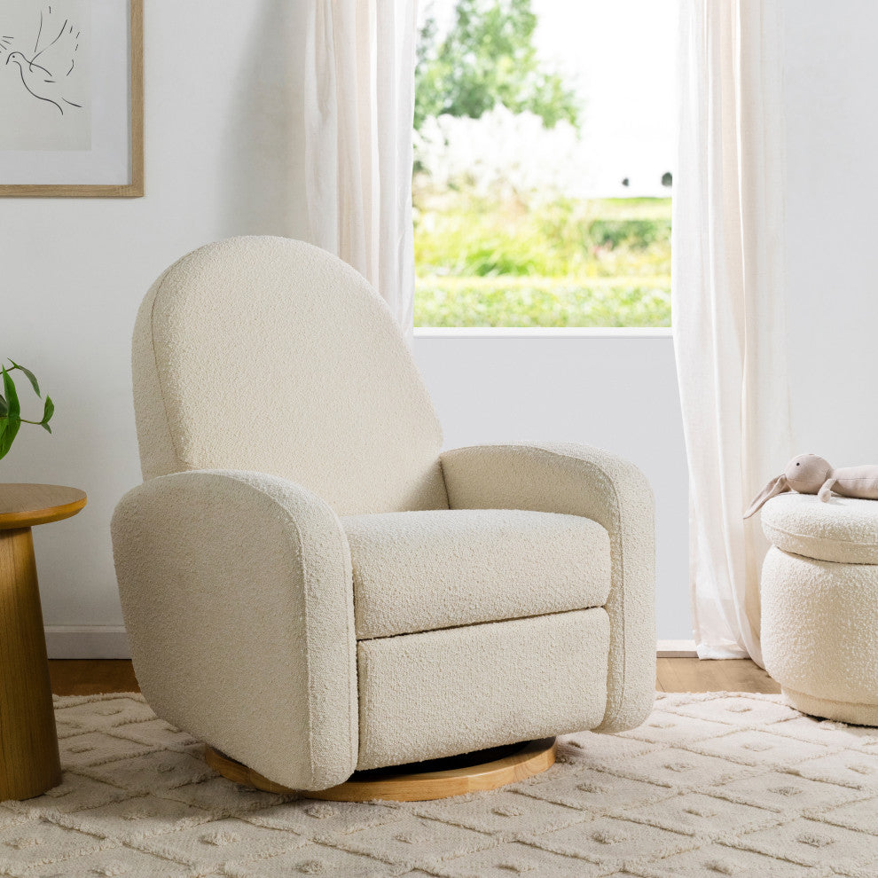 Nami Electronic Recliner and Swivel Glider Recliner, Boucle With USB port, Ivory Boucle With Light Wood Base