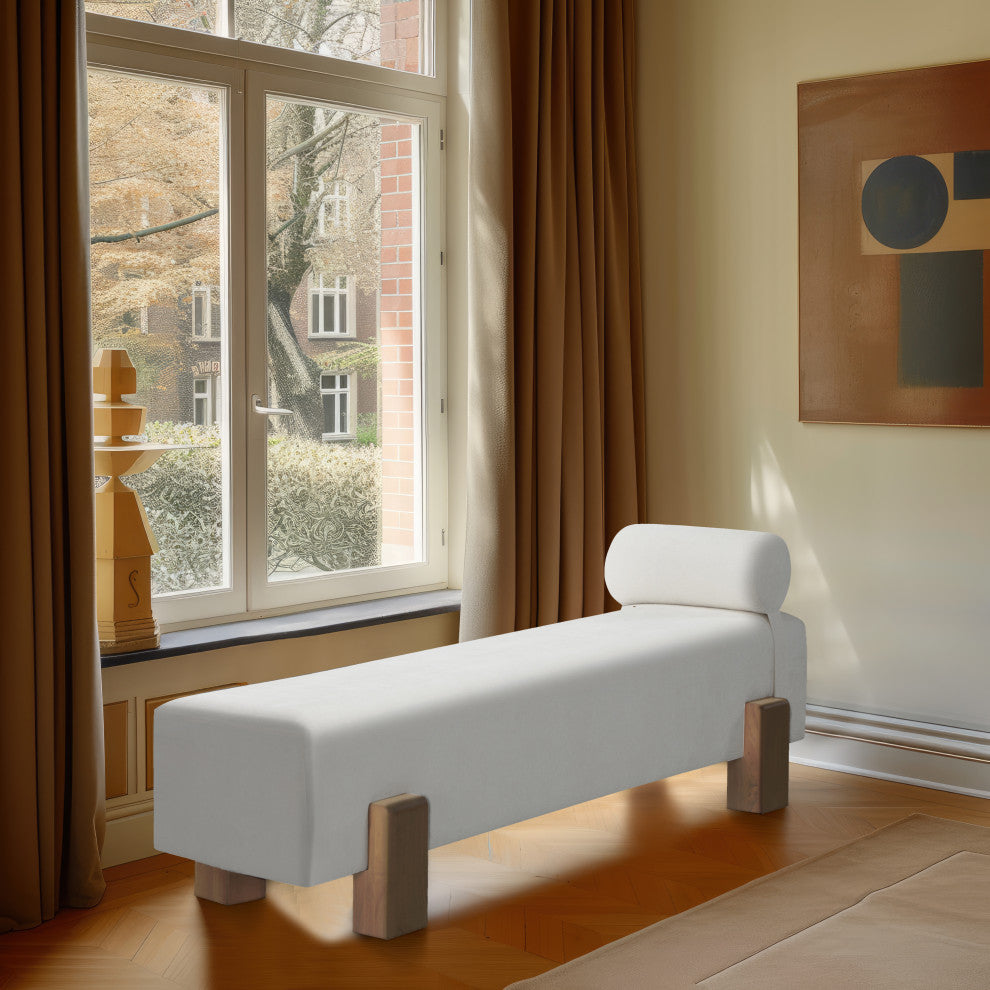 Edison Chenille Fabric Upholstered Bench, Cream, Natural Finish