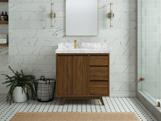 Madison Teak 36 Left Offset Bath Vanity in Dark Natural 2" Carrara Marble
