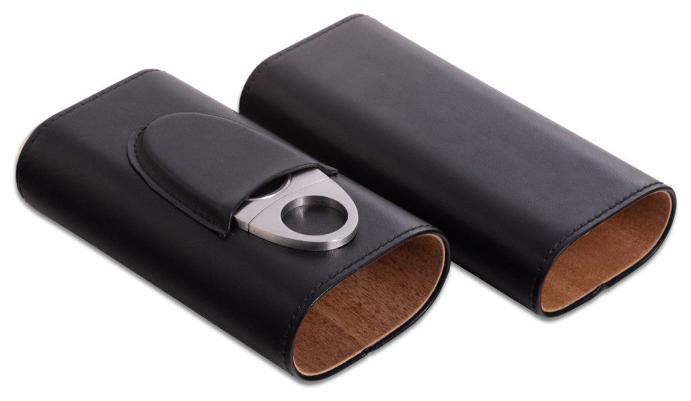 Black Leather 3 Cigar Holder, Stainless Steel Cutter
