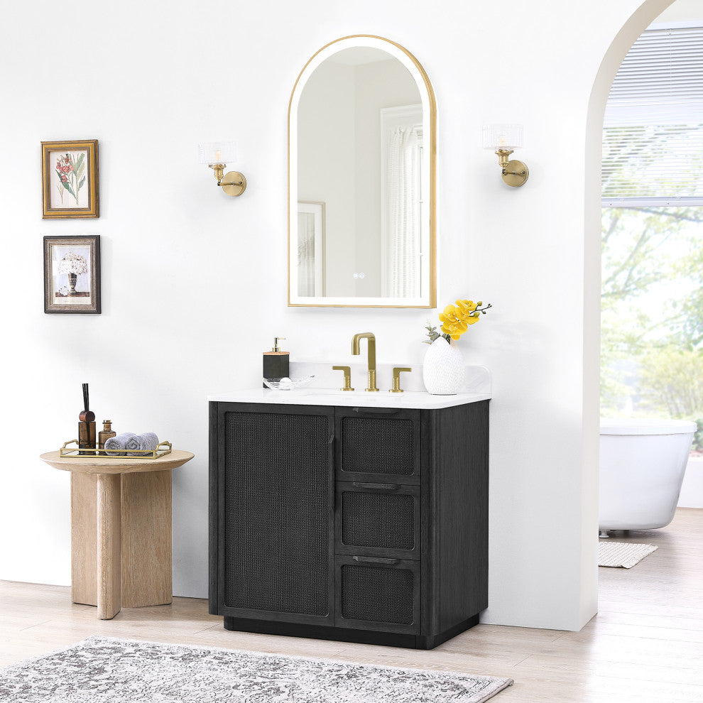 Busan Bath Vanity, Quartz Top No Mirror, Oak Classic Black, 36", Single Vanity