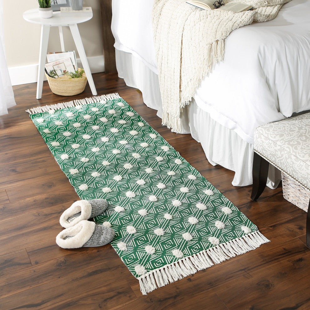 Teal Diamond Printed Off-White Hand-Loomed Shag Rug Runner 2Ft 3Inx6Ft