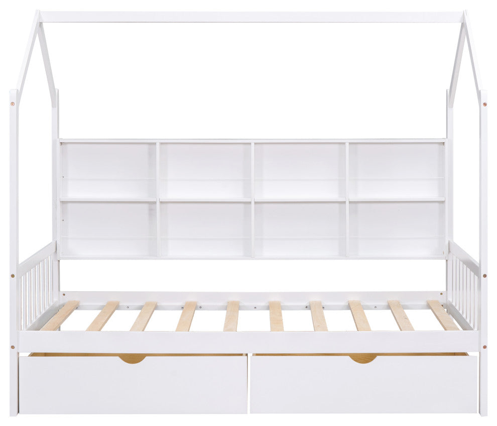 Gewnee Wood Twin Size House Bed with Drawers for Kids in White
