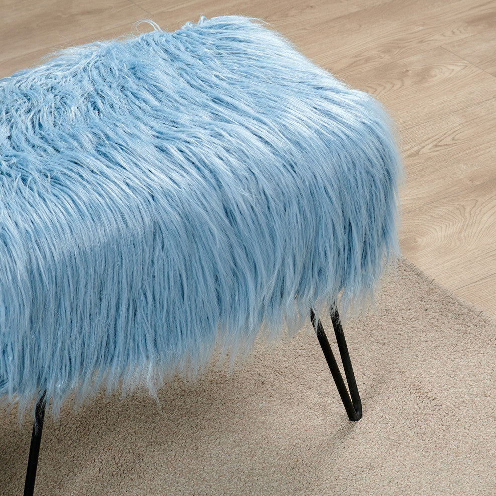 Mongolian Fur Ottoman, Forget Me Not, 19''x13''x17''