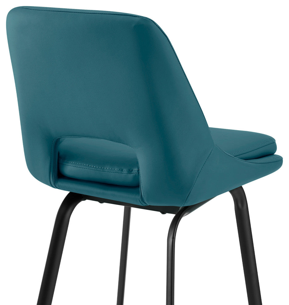 26" Elegant Blue Faux Leather and Black Metal Armless Swivel Counter Stool