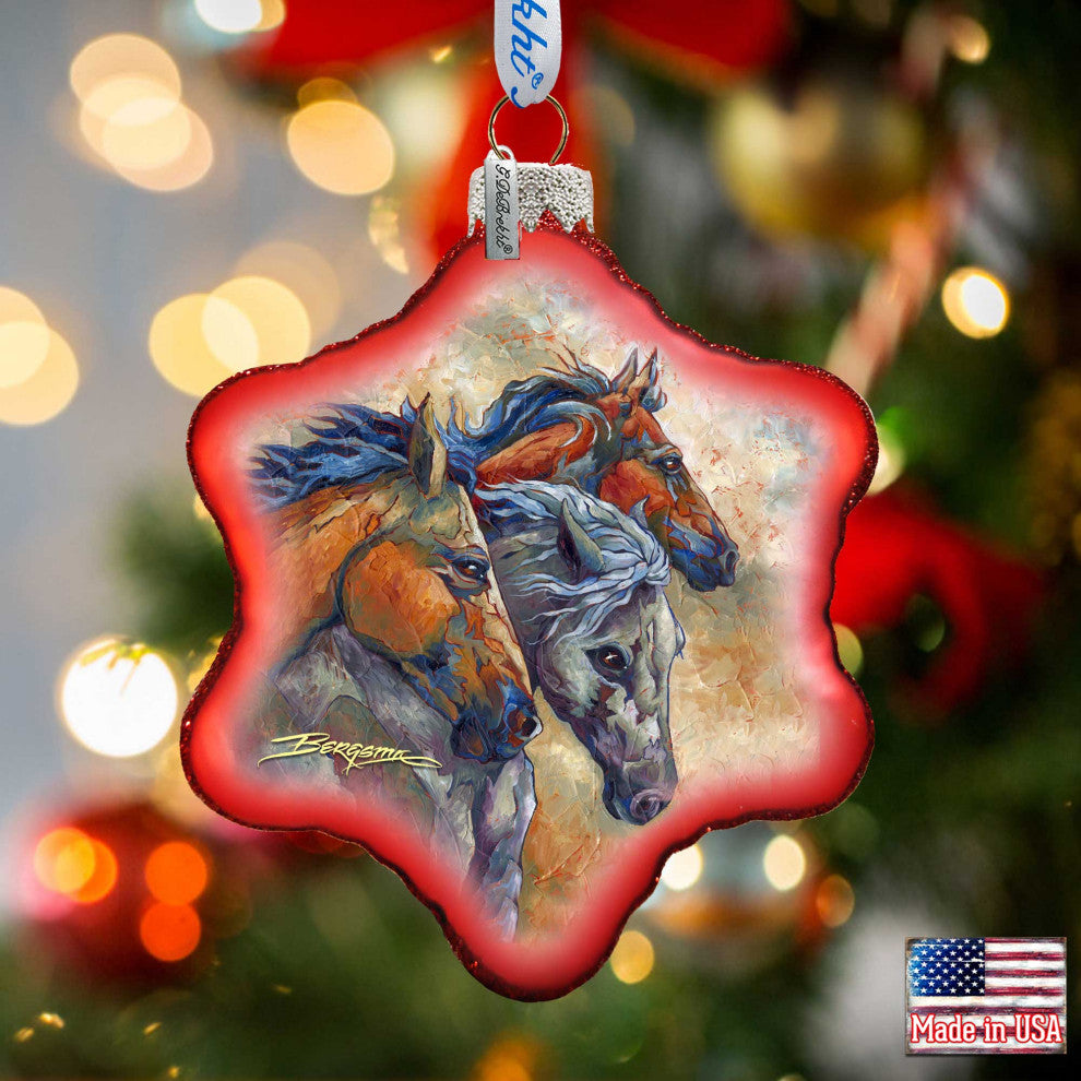 Let Them Run Horse Heads Glass Ornament
