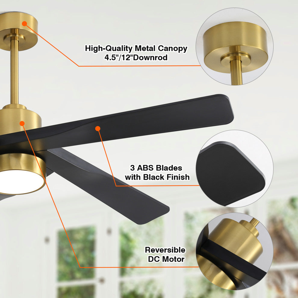 54" 5-ABS Blade Straight indoor LED Ceiling Fan, Black and Gold
