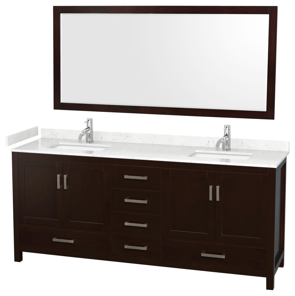 80"DBL Vanity Espresso, Carrara Cult. Marble Countertop, Sinks, 70"Mirror