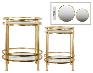 Round Metal and Mirror Tables, 2-Piece Set, Champagne