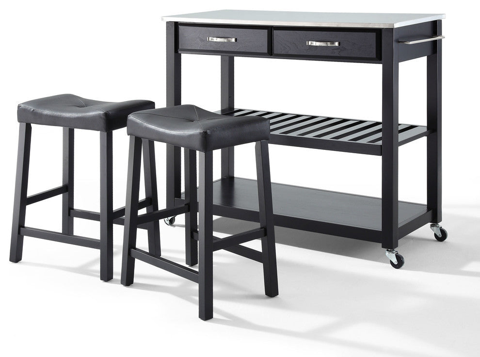 Stainless Steel Top Kitchen Cart, Island With 24" Upholstered Saddle Stools