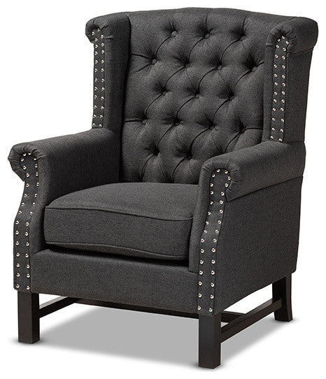 Charrette Transitional Gray Fabric Upholstered Button Tufted Armchair