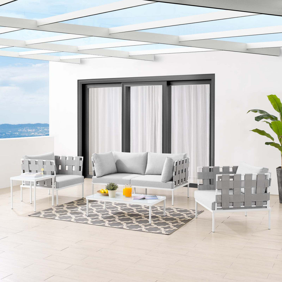 Lounge Sectional Sofa Chair Table Set, Sunbrella, Aluminum, Gray, Outdoor
