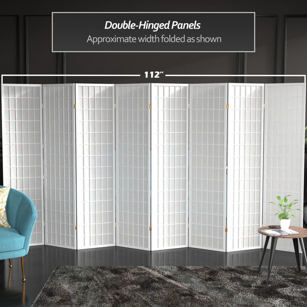 6' Tall Window Pane Shoji Screen, White, 8 Panels